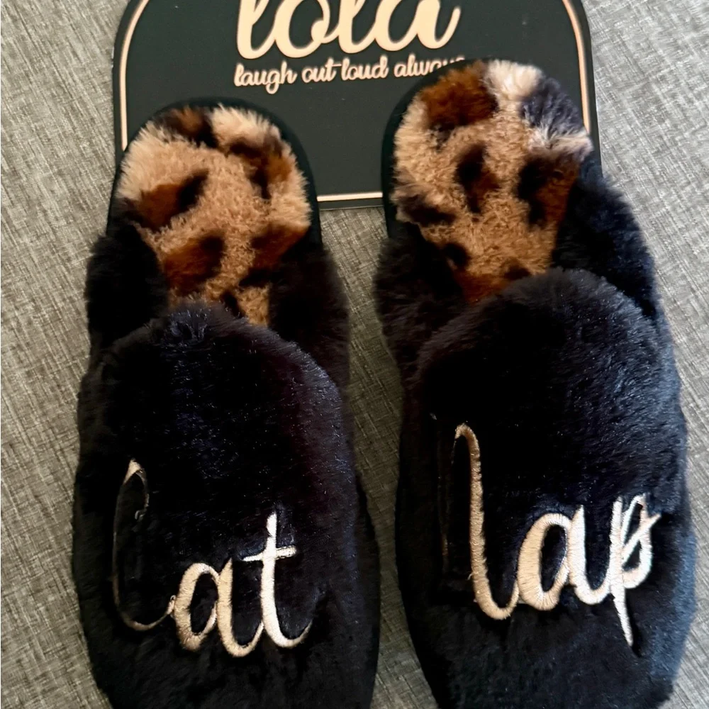 Women Slippers, New House Shoes, Black Brown Gold Embroidered Cat Nap Slippers